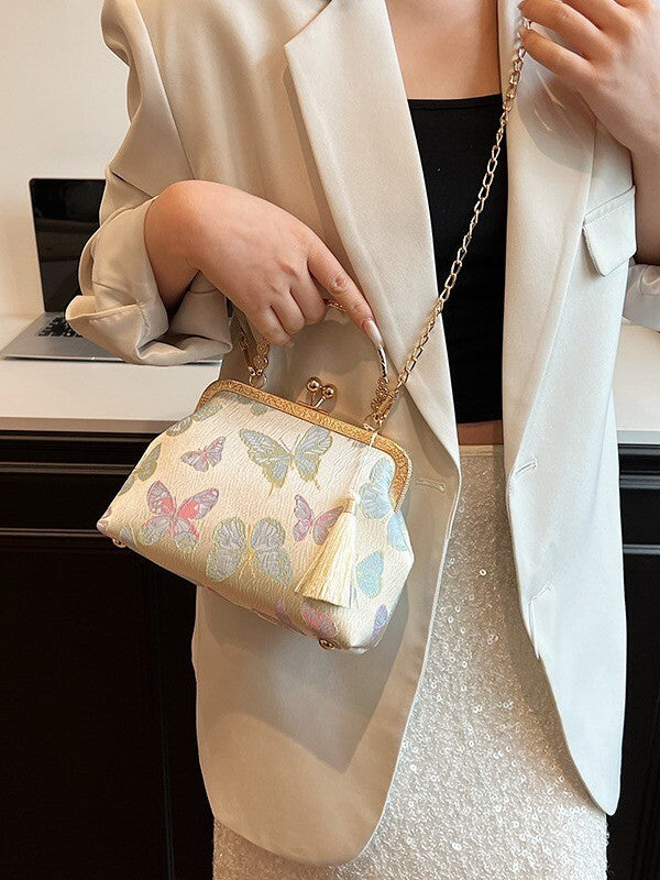 Ivory Brocade Frame Handbag with Chinese Butterfly Embroidery and Tassel