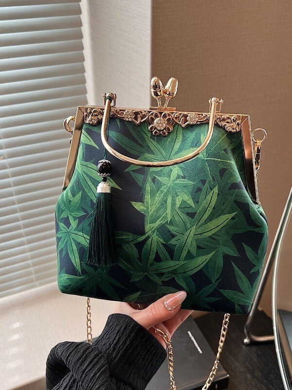 New Elegant Chinese Style Handbag – Green Bamboo Print with Vintage Clasp