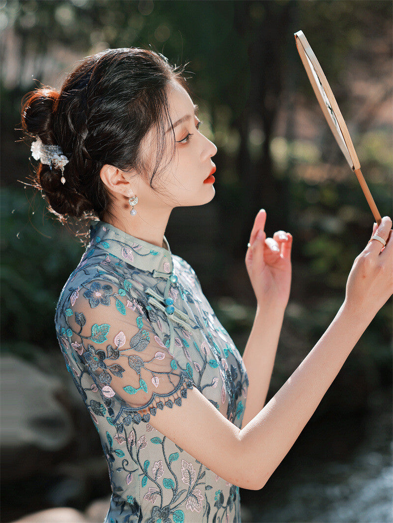 New Luxurious Chinese Aqua Blue Lace Floral Short Cheongsam Qipao Dress