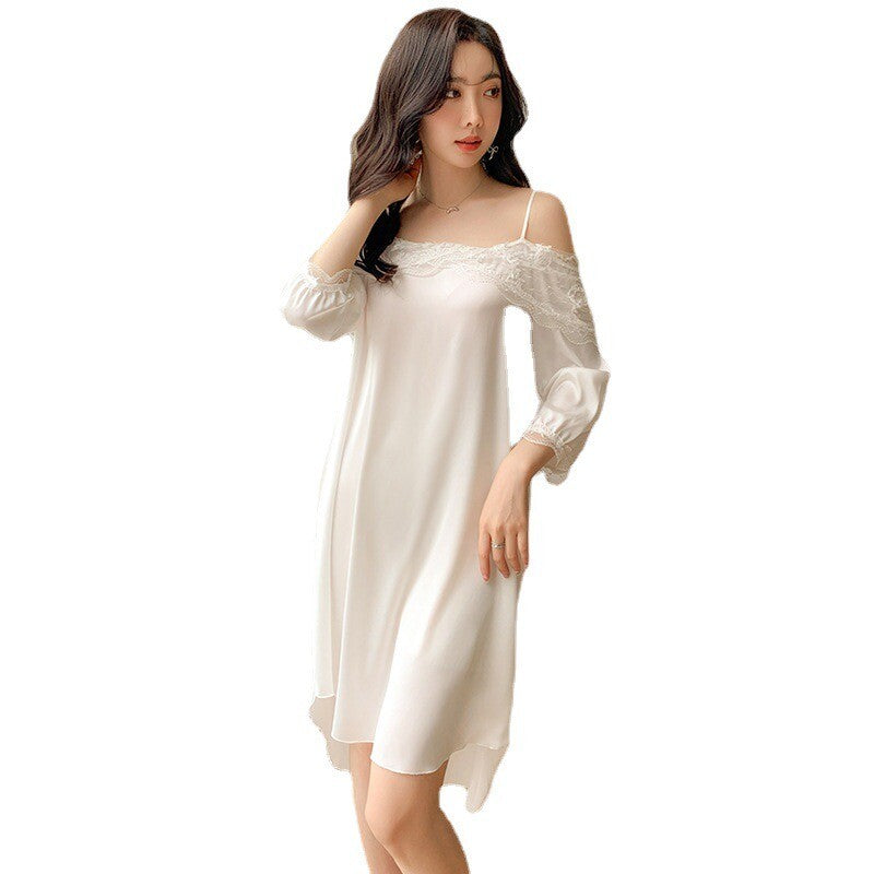 Elegant White Victorian Style Long Sleeve Cotton Ladies Lace Nightdress