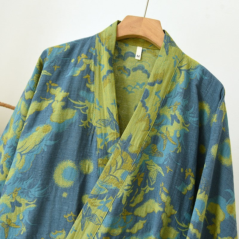 Womens Blue and Olive Green Kimono Robe with Botanical Soft Cotton-Linen Texture