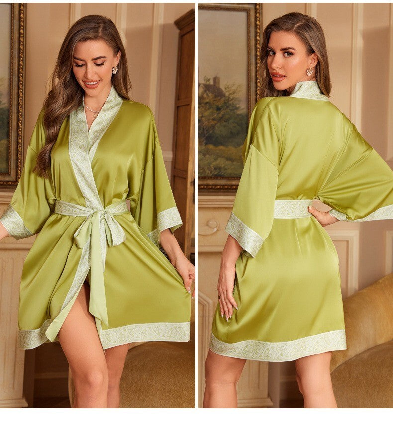 New Ladies Luxury Satin Kimono Dressing Gown – Elegant Green with Contrast Trim