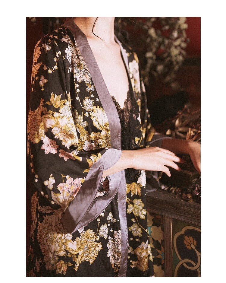 New Luxurious Black Ladies Womens Set of 2 Nightdress & Kimono Dressing Gown