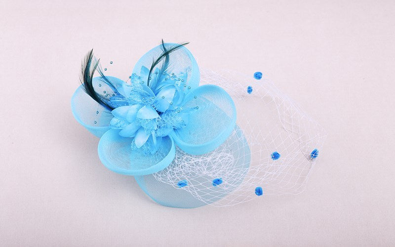 New Blue Flowers Netting Feather Ladies Wedding Ascot Fascinator Hair Clip hfac7
