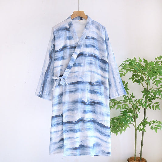 Men’s Gauze Cotton Kimono Robe with Blue Water-Ink Mountain Landscape Print