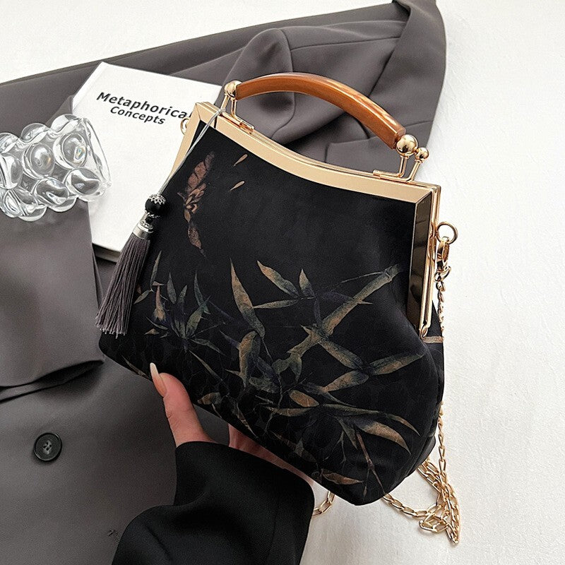 Elegant Chinese Style Handbag Handmade Xiangyun Silk Frame with Bamboo Print