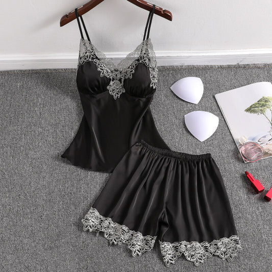 Ladies Womens Satin Magic Black Lace Vest Top and Shorts Pyjamas Set ladpj301
