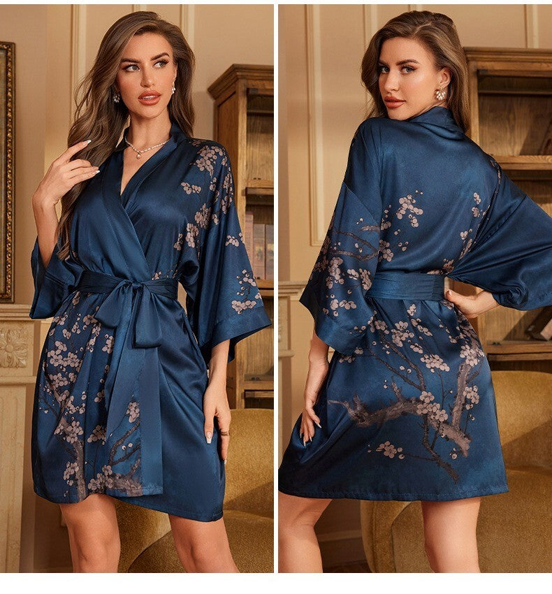 New Ladies Luxury Satin Dressing Gown – Elegant Navy Blue Floral Kimono Robe