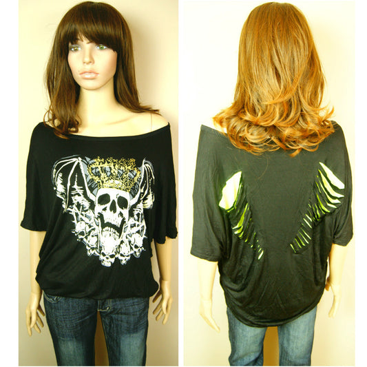 New 8-12 Womens Ladies King of Skull Bat Style Shoulder Black Loose Top T-Shirt