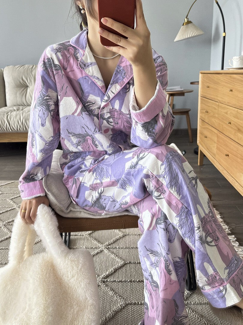 Gift for her - New Ladies Purple Brushed Cotton Pyjamas Set with Horse Prints