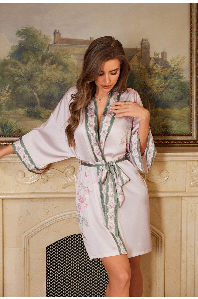 Ladies Elegant Satin Dressing Gown - Floral Print Kimono Robe with Belted Waist