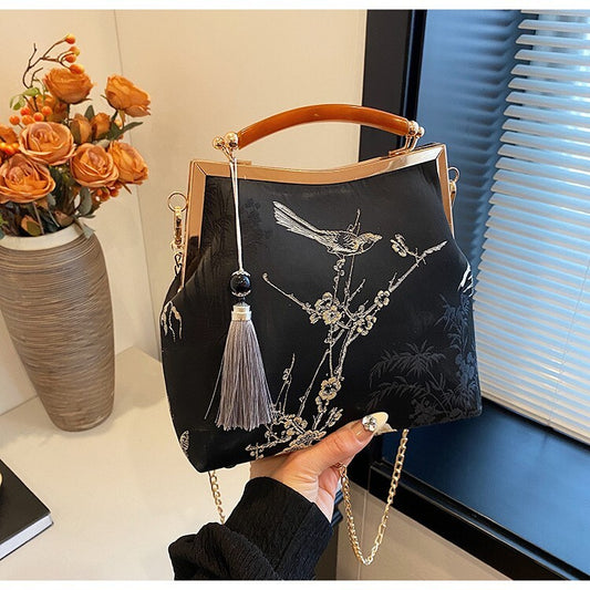 Elegant Chinese Style Handbag Handmade Xiangyun Silk Frame with Magpie Print
