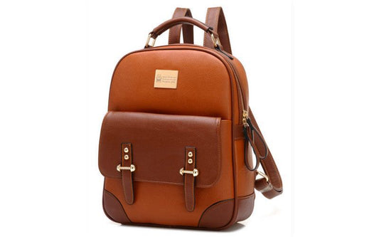 Ladies Brown Backpack Bag Gold Buckles Front Pocket Handle & Straps