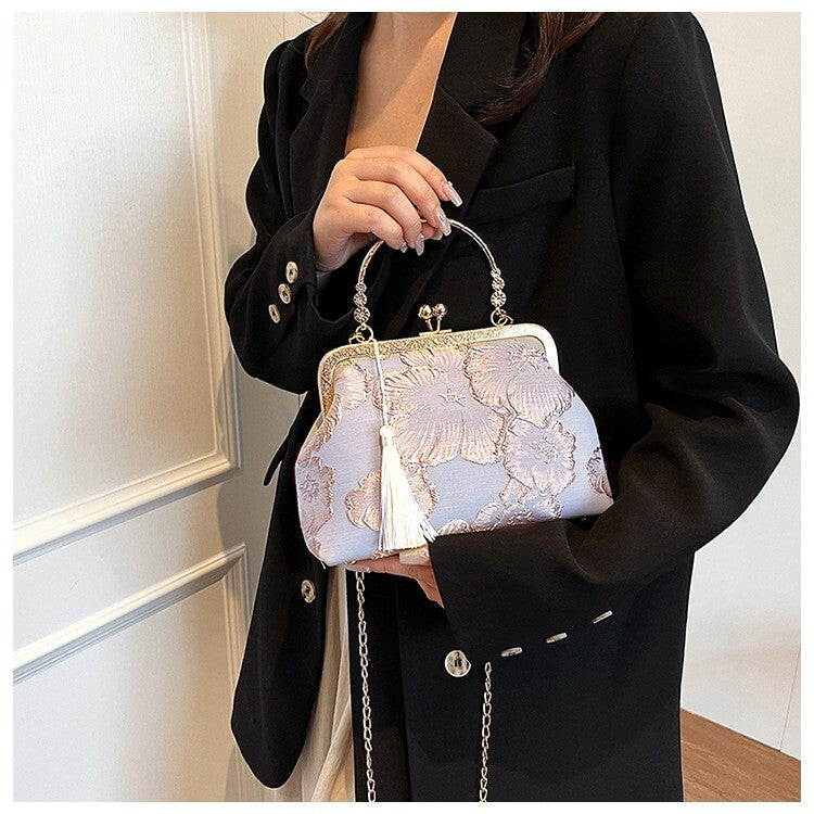 Blue Brocade Chinese Handbag with Tassel and Gold Frame Detailing