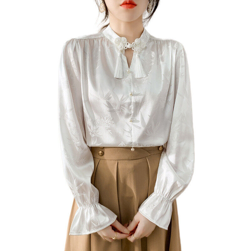 New Elegant Chinese White Satin Blouse with Bamboo Print & Embellished Collar