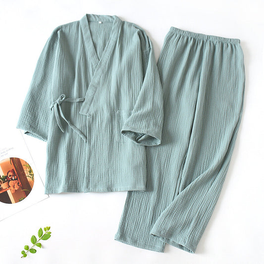 Mint Green Chinese Japanese Cotton Ladies Kimono Long Pyjamas Top & Bottom Set