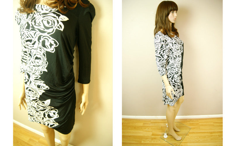 Hot Fashion Gorgeous Ladies Womens Black & White Roses Long Sleeves Knee Dress