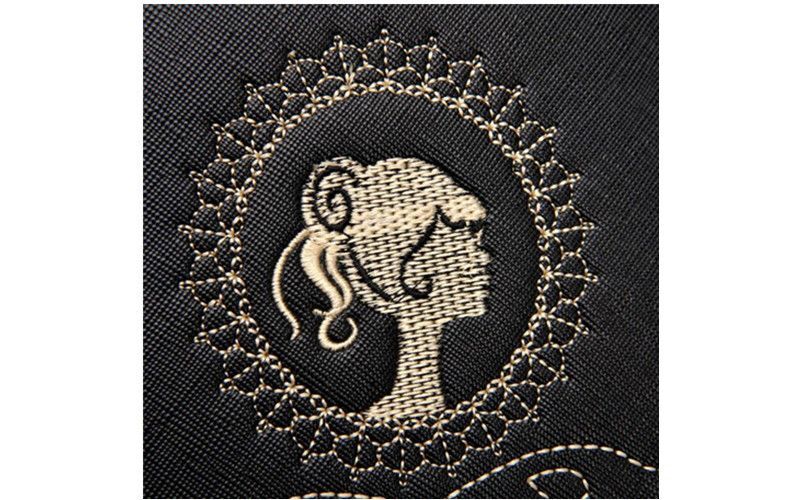 Ladies Black Handbag w/ Gold Accents, Lady Pattern Embroidery & Diamond Studs