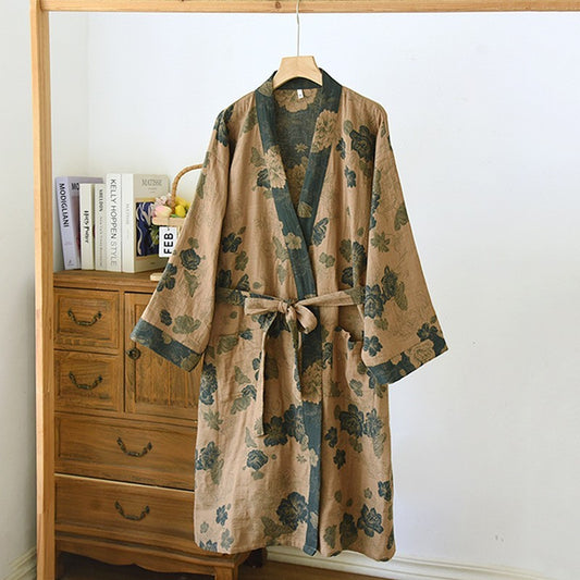 Womens Earthy Brown Kimono Robe Teal Floral Pattern Soft Cotton-Linen Texture
