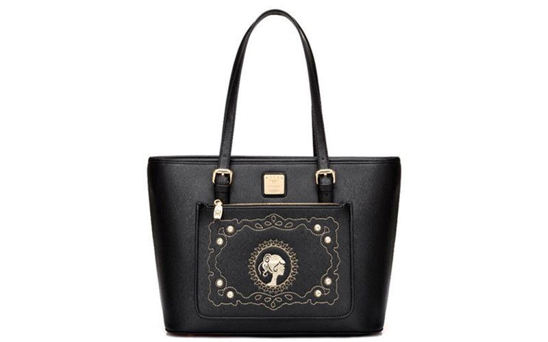 Ladies Black Handbag w/ Gold Accents, Lady Pattern Embroidery & Diamond Studs