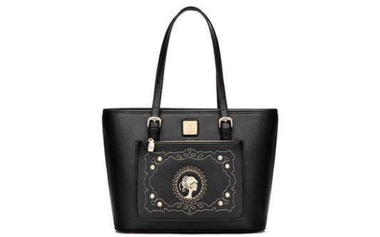 Ladies Black Handbag w/ Gold Accents, Lady Pattern Embroidery & Diamond Studs
