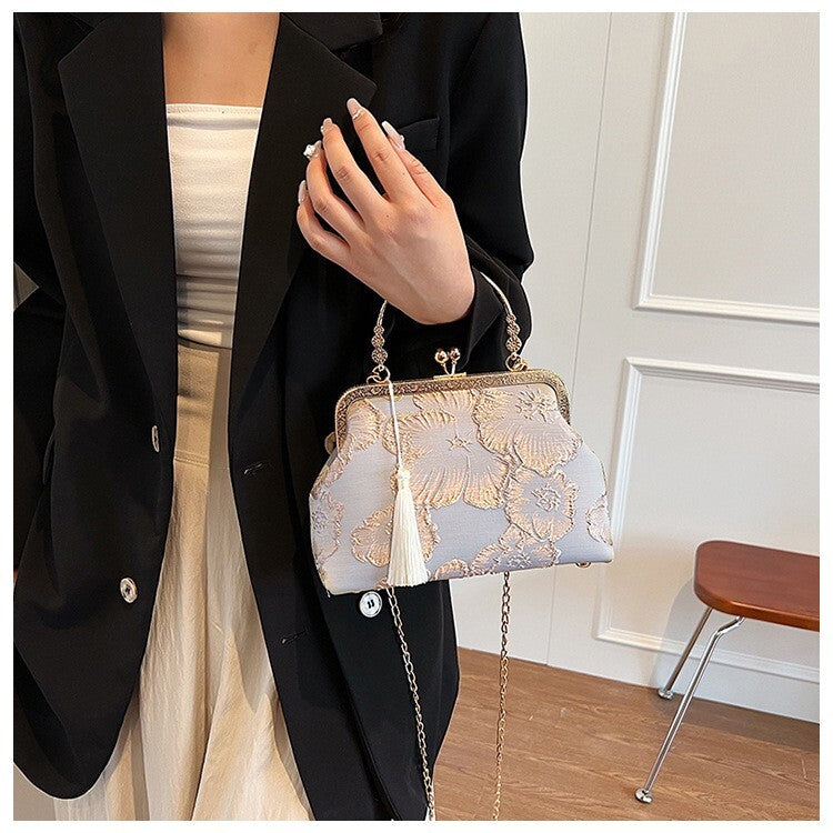 Blue Brocade Chinese Handbag with Tassel and Gold Frame Detailing