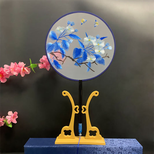 Chinese Double Sided Embroidered White Floral Blue Leaves Round Wooden Hand Fan