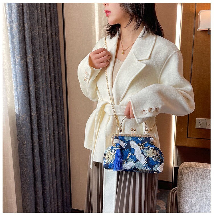 Ladies Chinese Heaven Cranes Royal Charms Evening Golden Clasp Shoulder Handbag