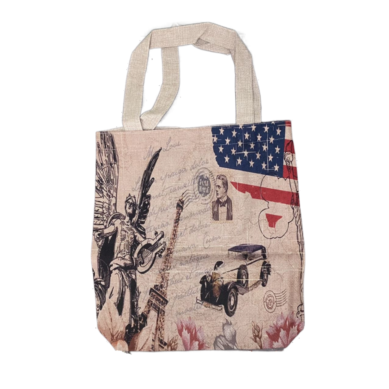 New Ladies Womens Jute Shopping Book Shoulder Bag with American Flag and Prints