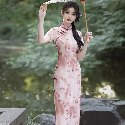 Blush Ink-Wash Qipao with Red Knot Buttons and Graceful Chinese Cheongsam Dress