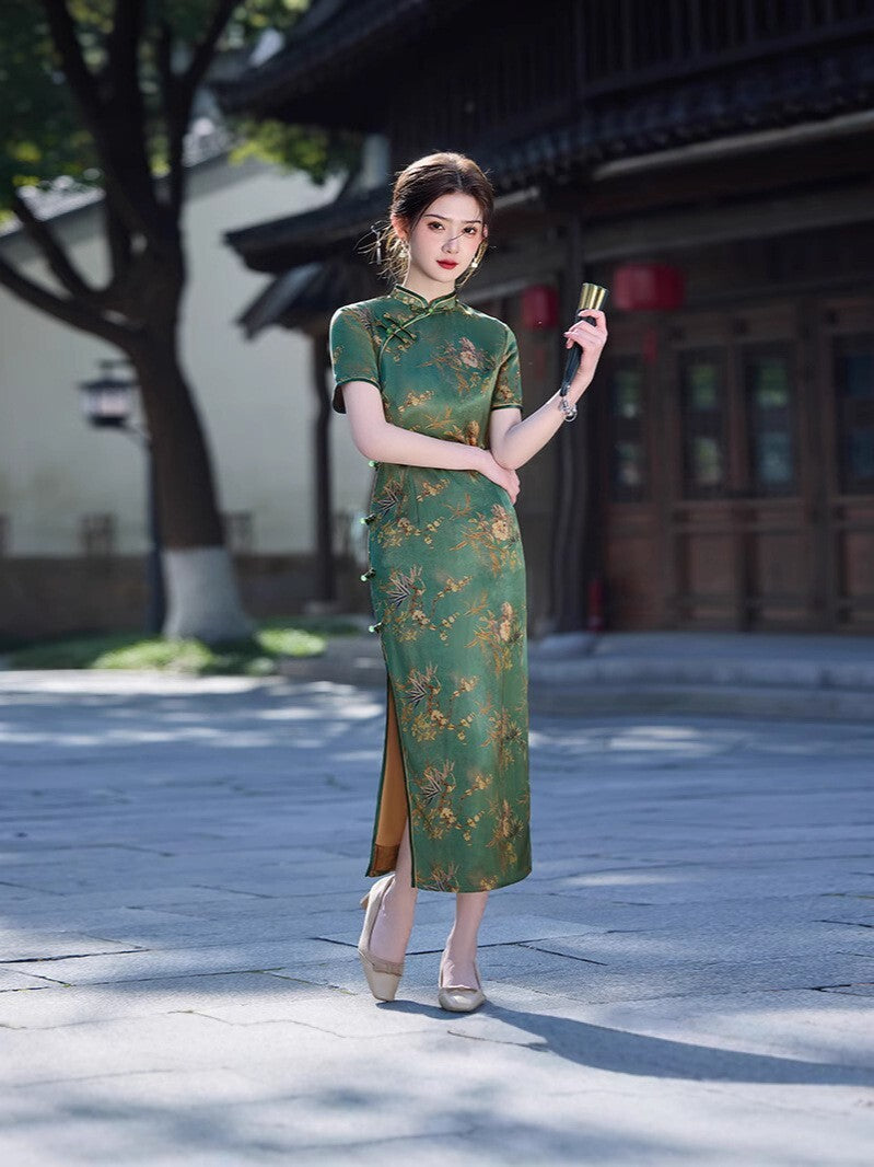 New Elegant Green Floral Satin Qipao – Vintage Chinese Ladies Cheongsam Dress