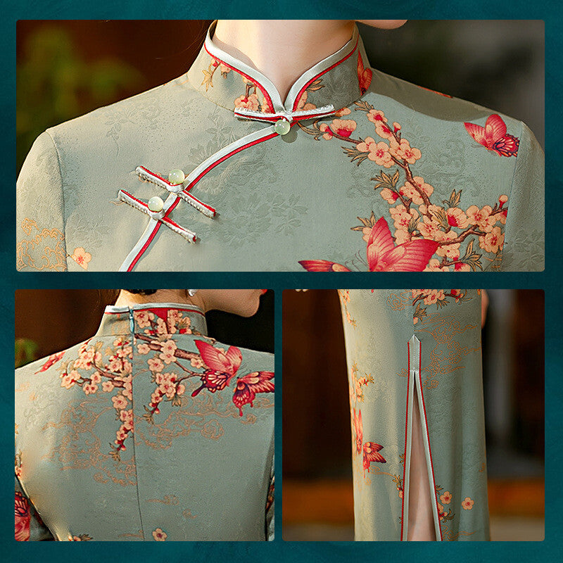 Ladies Green Satin Floral Prints Knee Length Chinese Style Qipao Cheongsam Dress
