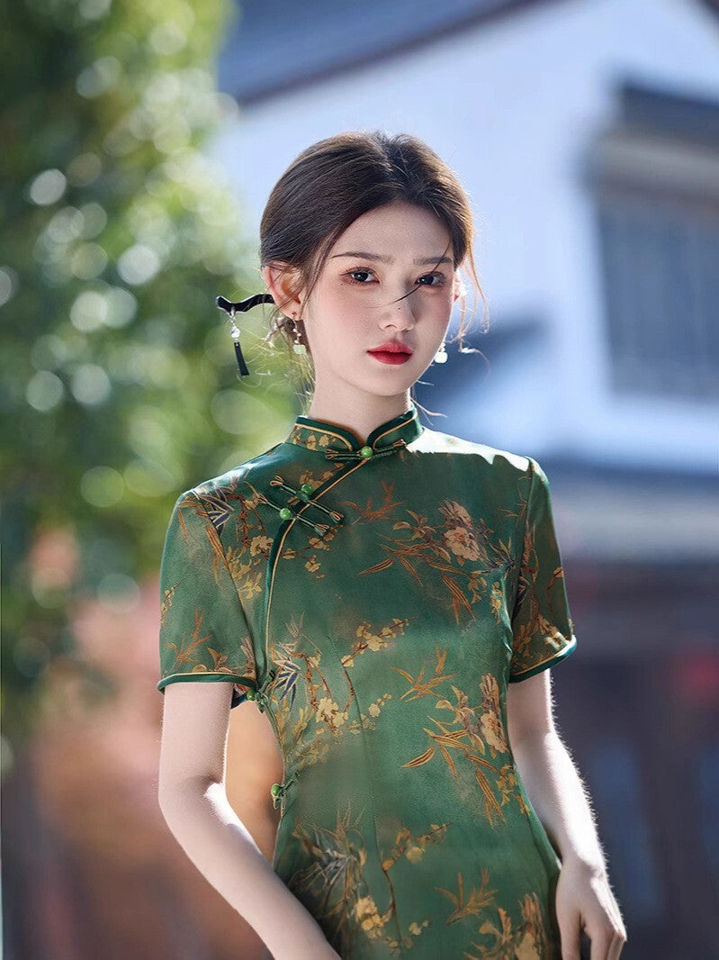 New Elegant Green Floral Satin Qipao – Vintage Chinese Ladies Cheongsam Dress