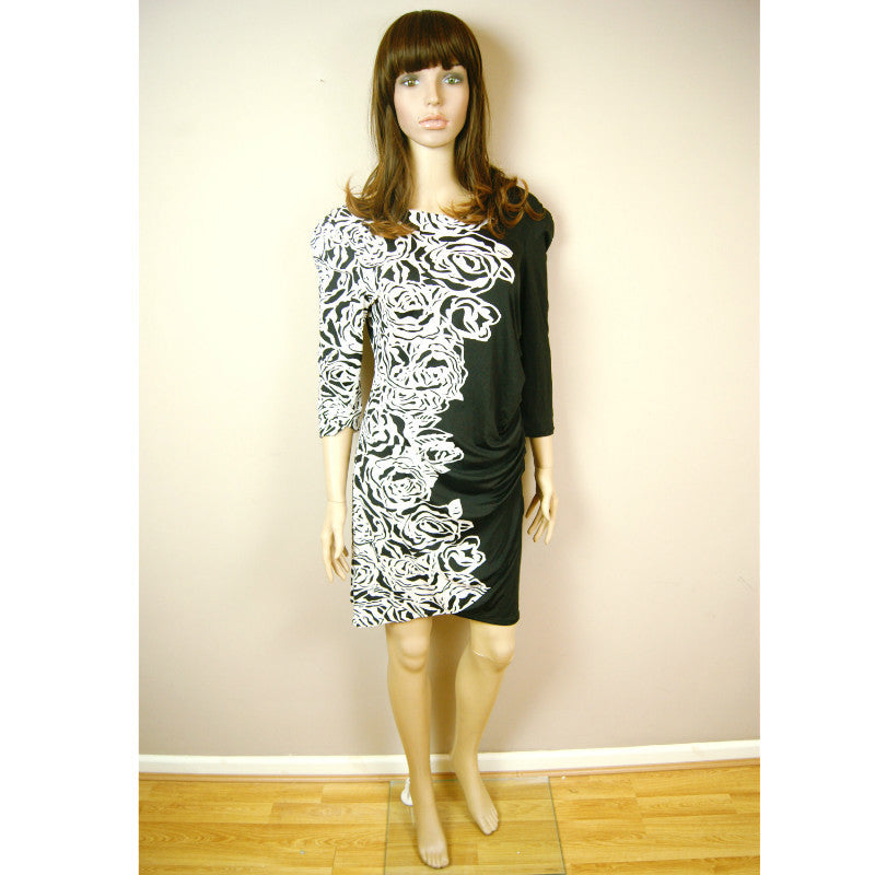 Hot Fashion Gorgeous Ladies Womens Black & White Roses Long Sleeves Knee Dress