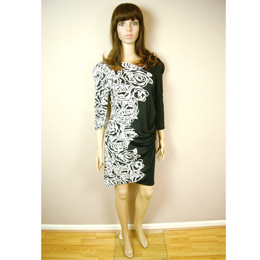 Hot Fashion Gorgeous Ladies Womens Black & White Roses Long Sleeves Knee Dress