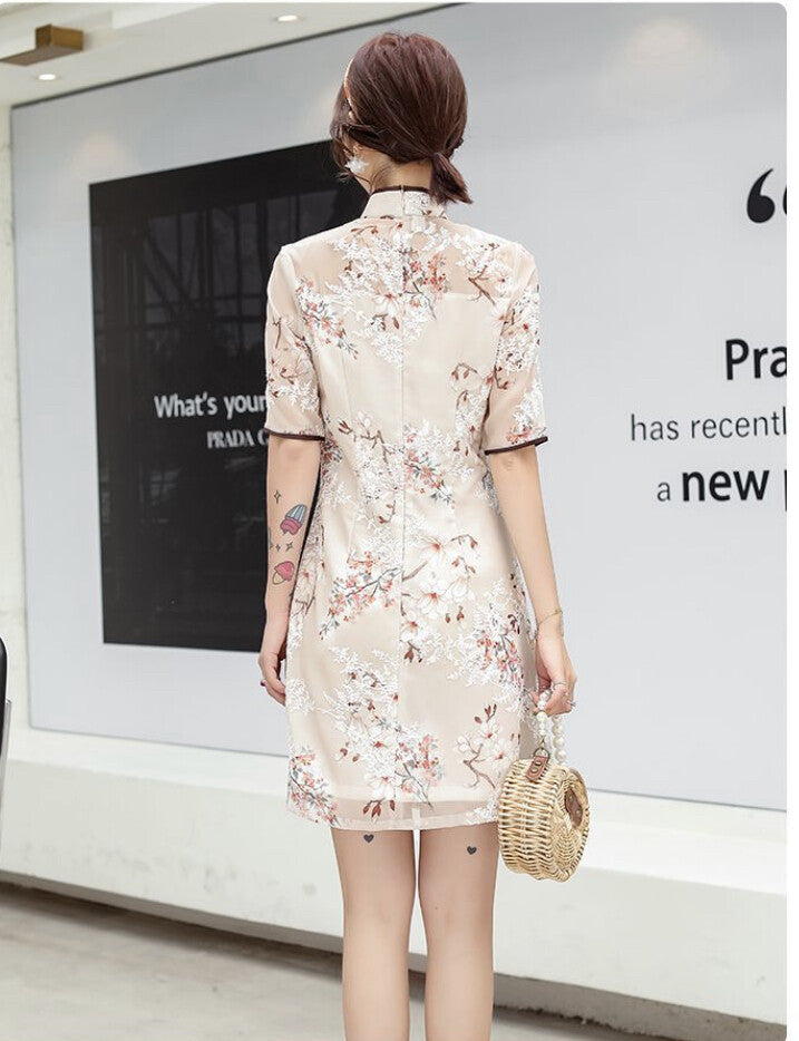 Chinese Almond Lace Winter Cherry Blossom Short Dress Cheongsam Qipao lcdress214
