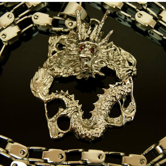 Unisex  Ancient Chinese Fire Ball Royal Dragon Silver Stainless Steel Necklace