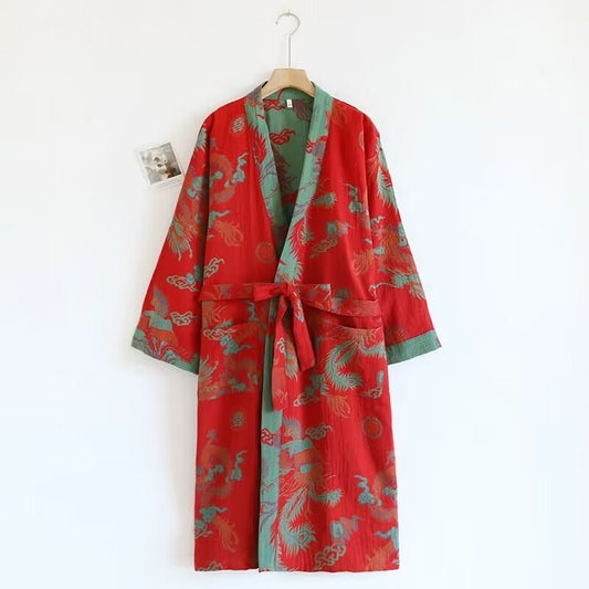 Women's Red Cotton Kimono Robe with Eastern Dragon Motif and Jade Green Trim