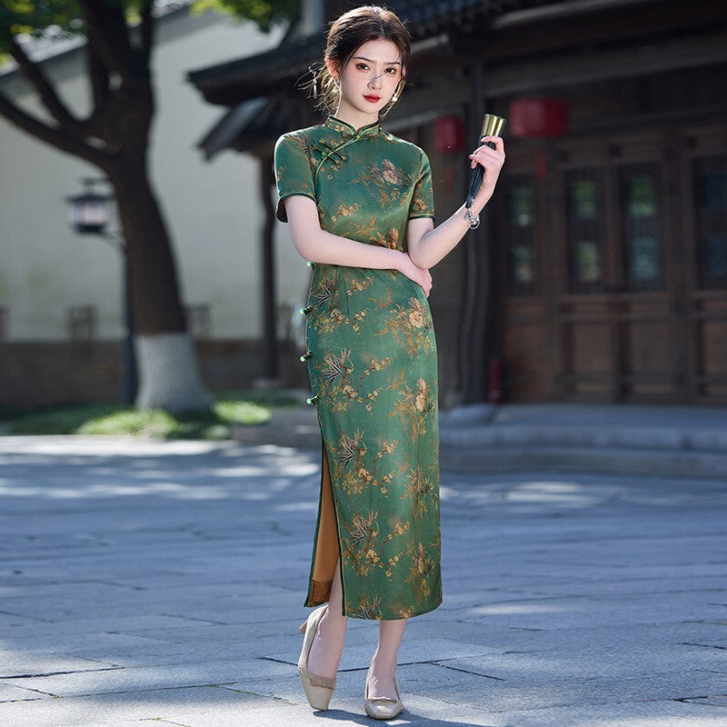 New Elegant Green Floral Satin Qipao – Vintage Chinese Ladies Cheongsam Dress