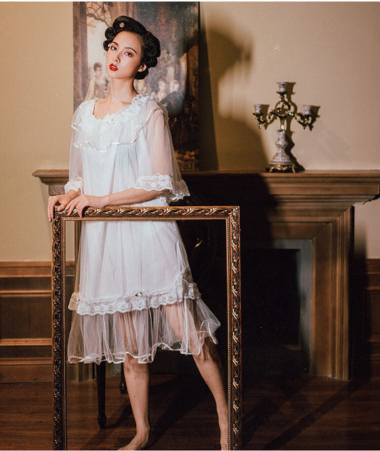 Ladies Royal White Neo Victorian Lace Knee Length Nightie Nightdress ladpj276