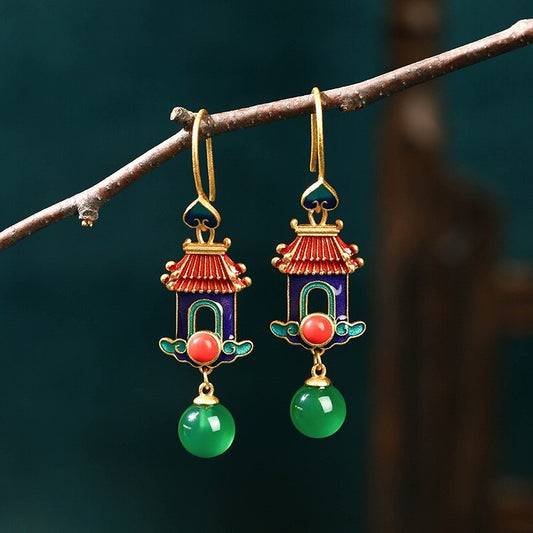 Chinese Enamel Gold-Plated Palace Shape Style Natural Green Jade Dangle Earrings