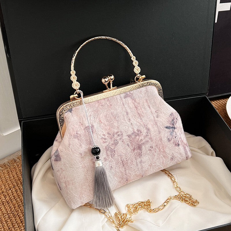 Vintage Chinese Brocade Handbag in Blush Pink with Butterfly Motif & Tassel