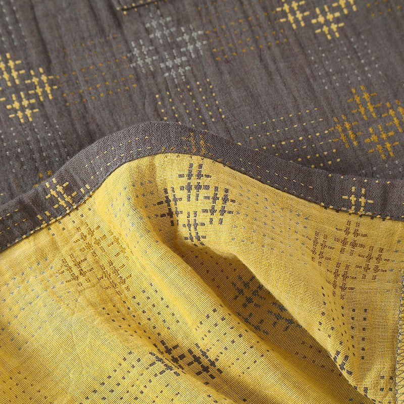 Men’s Kimono Robe in Coffee Brown with Gold Cross-Stitch Pattern & Yellow Lining