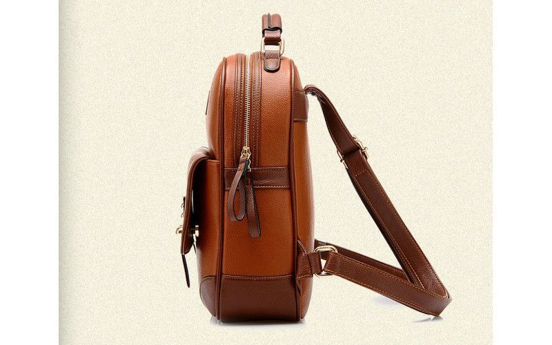 Ladies Brown Backpack Bag Gold Buckles Front Pocket Handle & Straps