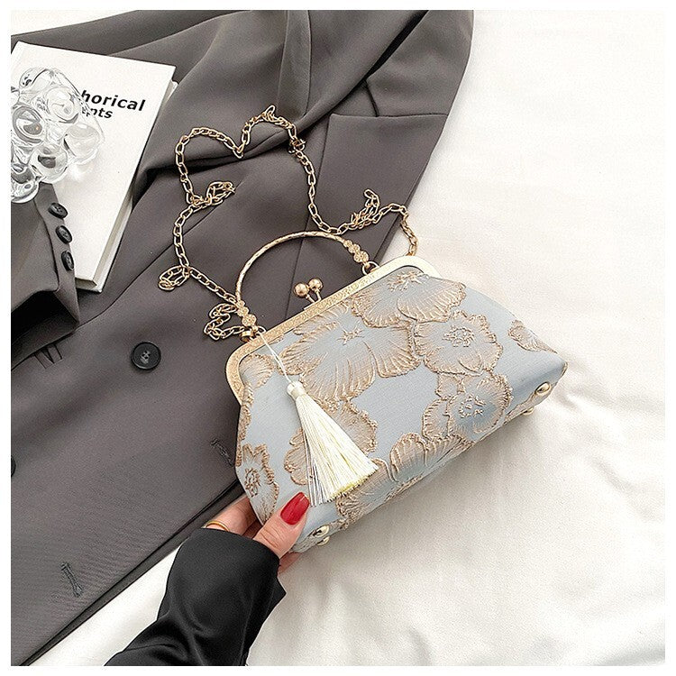 Blue Brocade Chinese Handbag with Tassel and Gold Frame Detailing