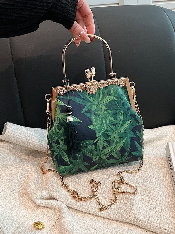 New Elegant Chinese Style Handbag – Green Bamboo Print with Vintage Clasp