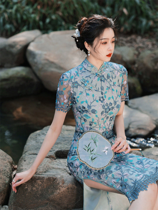 New Luxurious Chinese Aqua Blue Lace Floral Short Cheongsam Qipao Dress