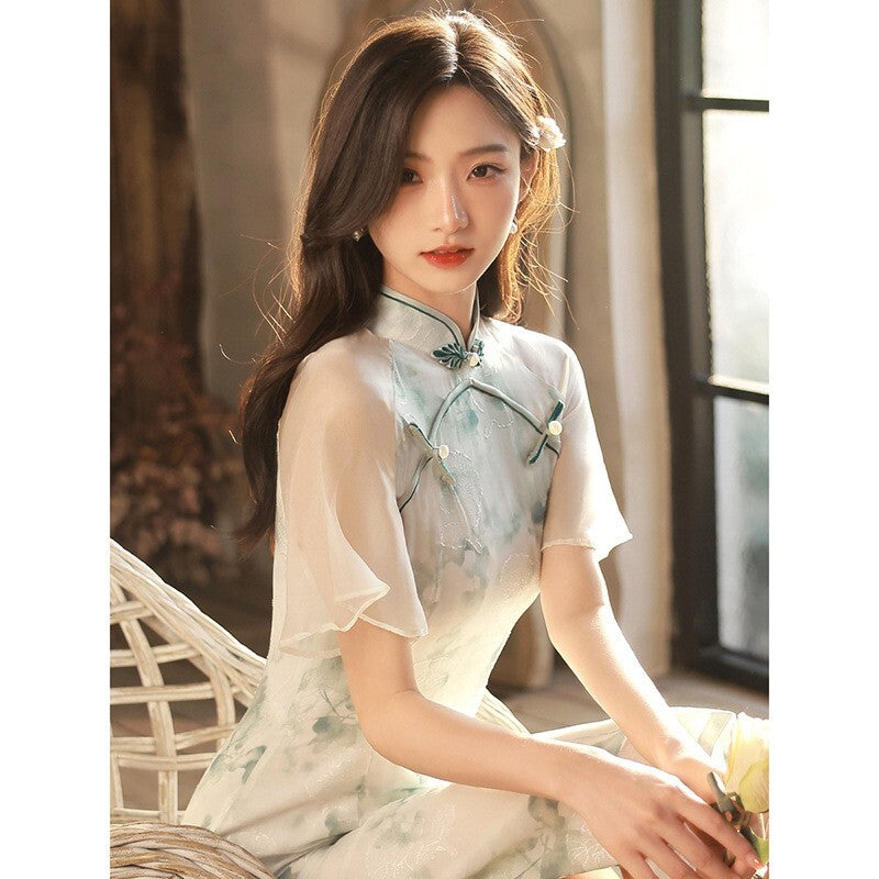 Elegant Chinese Qipao Cheongsam Dress – Floral Green Satin with Sheer Sleeves