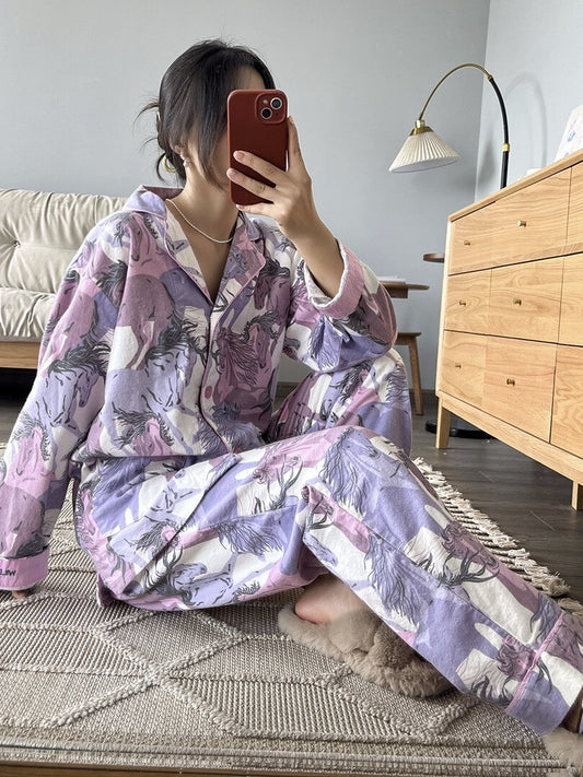 Gift for her - New Ladies Purple Brushed Cotton Pyjamas Set with Horse Prints