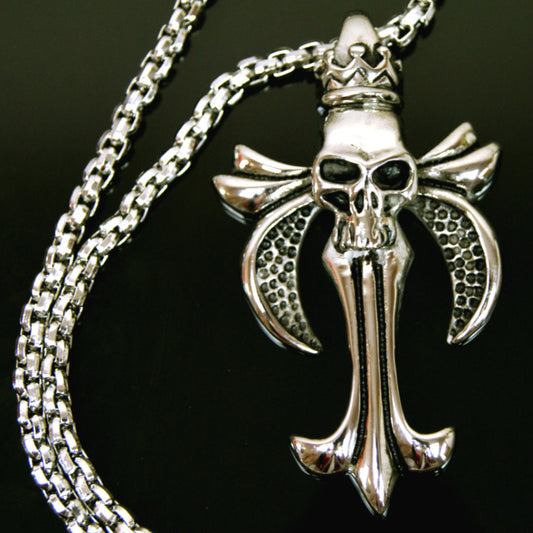 Stainless Horrific Gothic Cross Shape Skull Diamonds Pendant Chain Necklace Set